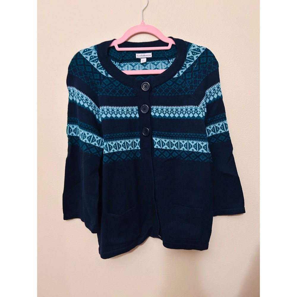 Croft & Barrow Cardigan Women Large Navy Blue Excellent Fair Isle Button Front